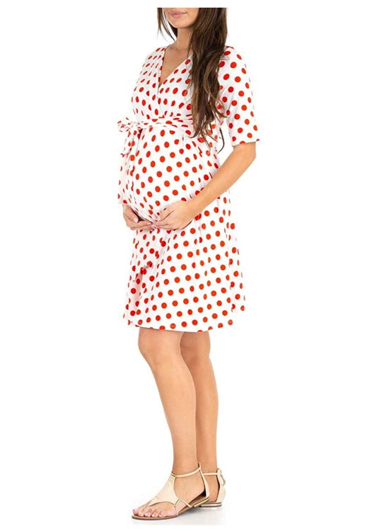 Sleeveless summer maternity dress with polka dot print – cotton, nursing-friendly swing style
