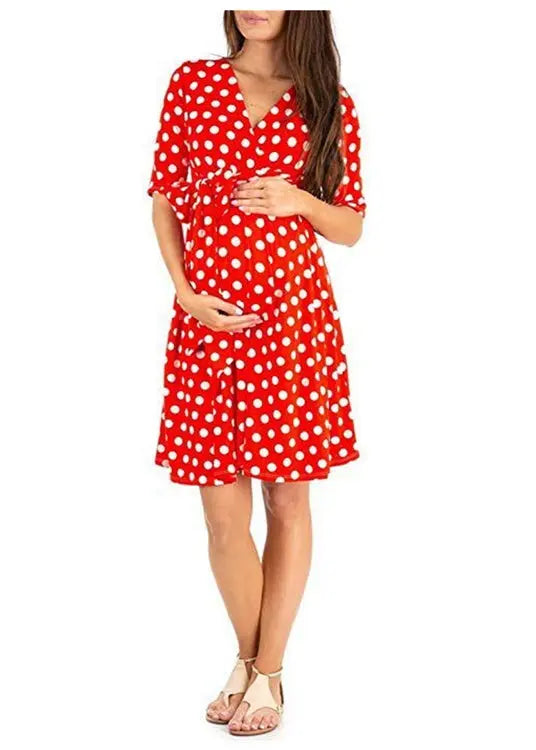 Sleeveless summer maternity dress with polka dot print – cotton, nursing-friendly swing style
