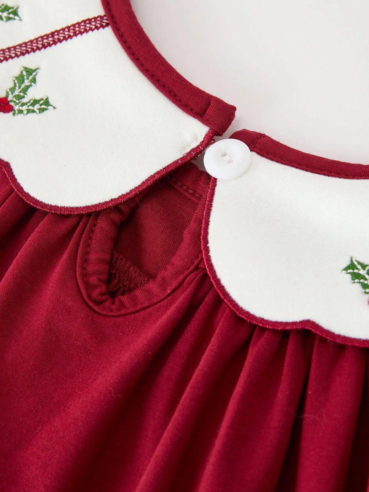 Christmas Holly Embroidered Girls Dress Petals Collar Puff Sleeve