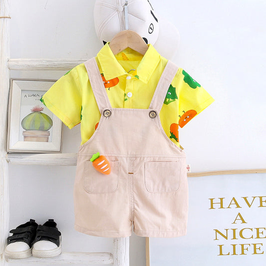 Child wearing summer cartoon overalls with T‑shirt – soft cotton two‑piece suit for toddlers