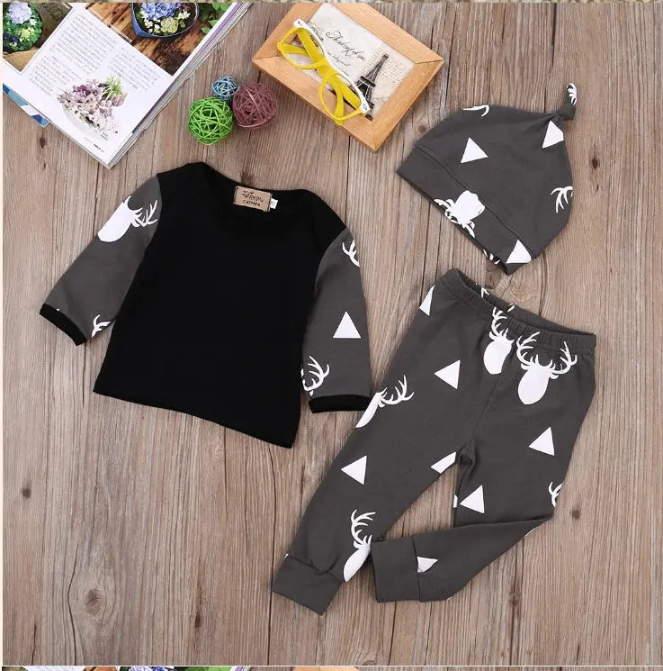 Autumn Cute Newborn Baby Girl Boy Clothes Deer Tops T Shirt Long Sleeve Pants Casual Hat 3pcs Outfits Set Autumn Baby Bumpity Boo