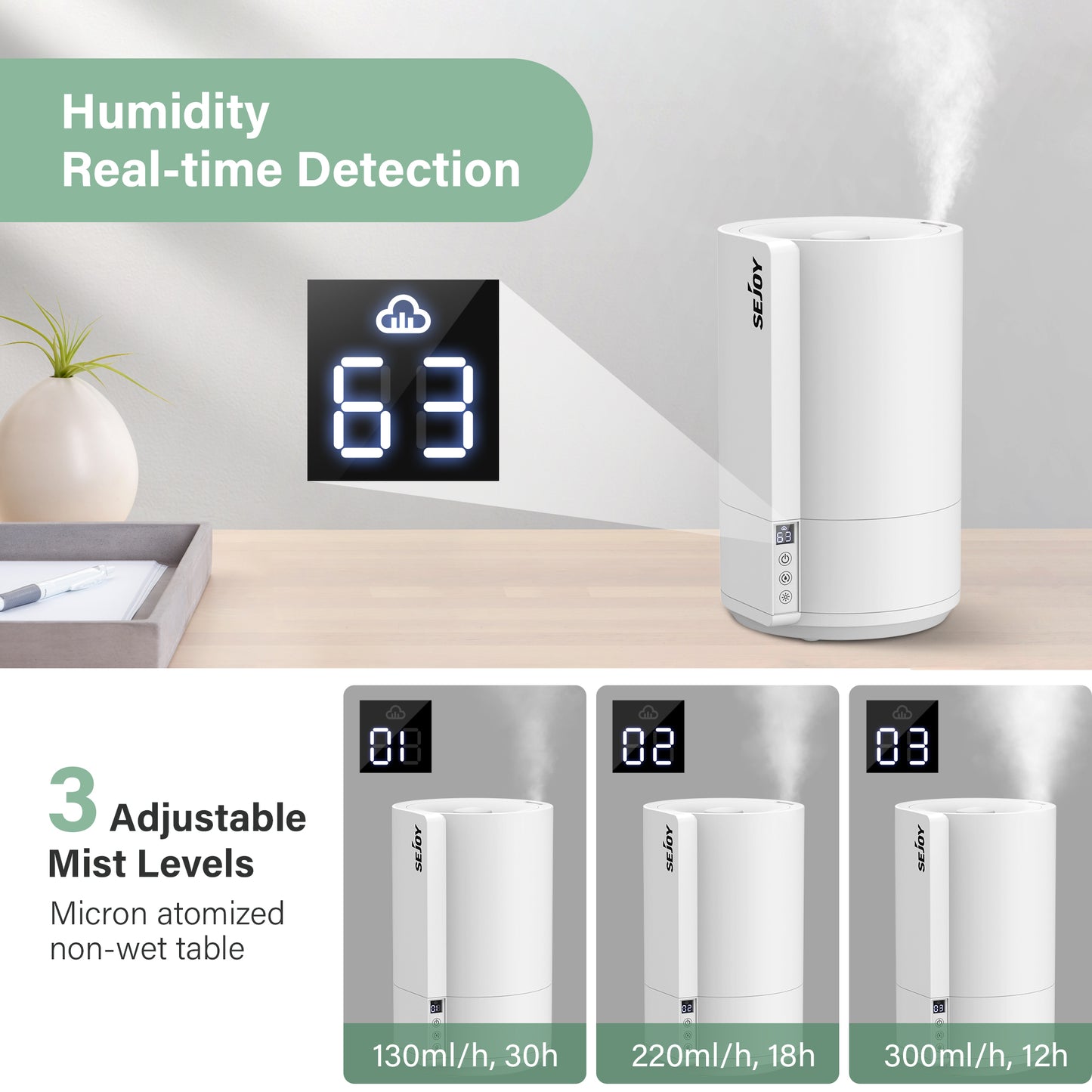 Sejoy Cool Mist Humidifier for Baby – Quiet Bedroom Air Humidifier