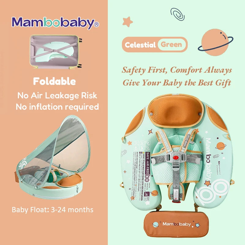 Foldable baby swim float with sun canopy and crotch strap – safe inflatable ring for infants and toddlers