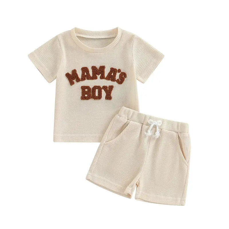 Lioraitiin Summer Baby Boy Clothes Letter Embroidery Short Sleeve T-Shirt Shorts Set 2Pcs Waffle Knit Outfit