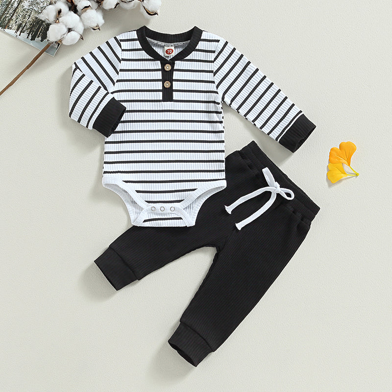 Lioraitiin Infant Baby Boy Fall Outfit – Striped Romper & Pants Set 0–24M