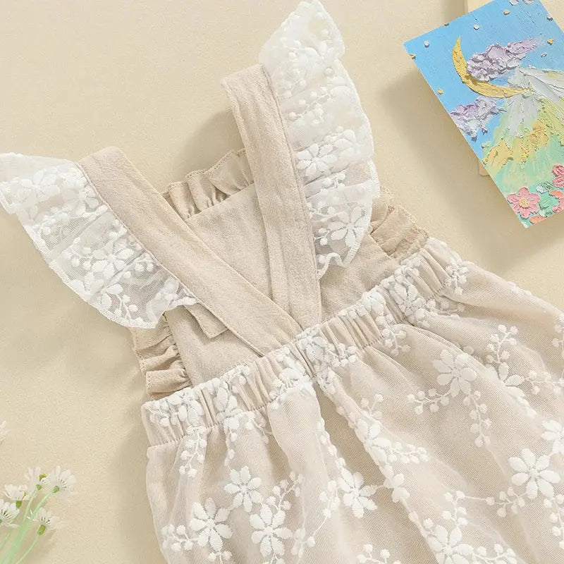 Baby girl lace embroidery romper with frills and fly sleeves – summer jumpsuit for infants 0–12 months