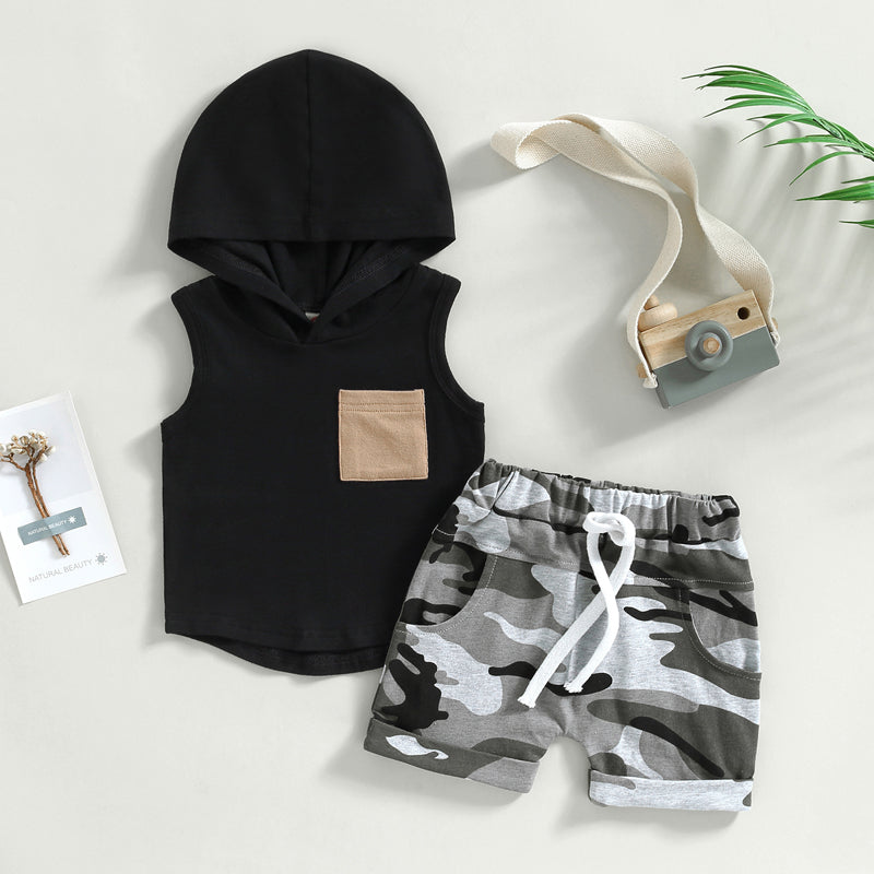 Infant Newborn Baby Boy Summer Clothes Outfits Pocket Hooded Sleeveless Tank Tops Camouflage Elastic Waist Shorts 2Pcs Suit 0-3T