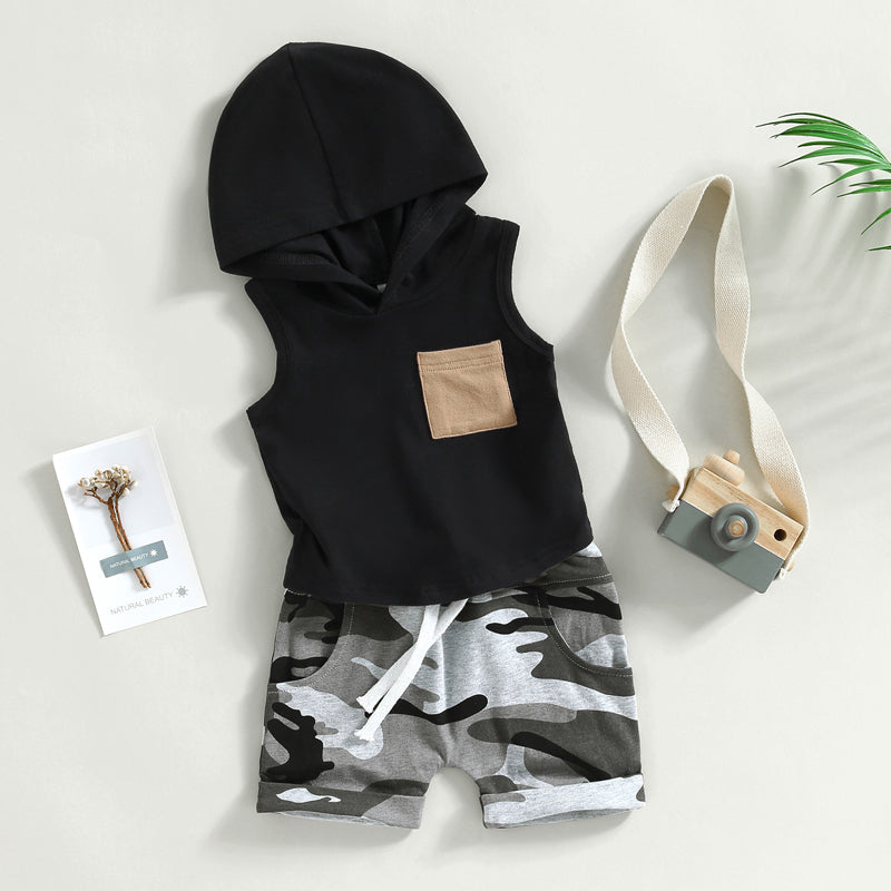 Infant Newborn Baby Boy Summer Clothes Outfits Pocket Hooded Sleeveless Tank Tops Camouflage Elastic Waist Shorts 2Pcs Suit 0-3T