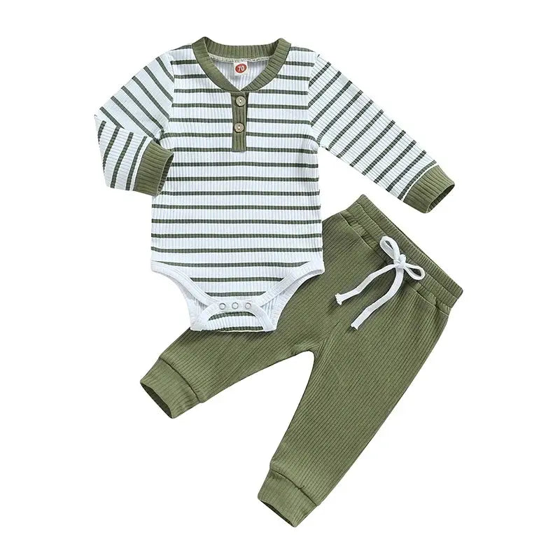 Infant boy fall outfit set: striped long-sleeve romper and matching pants for autumn wear