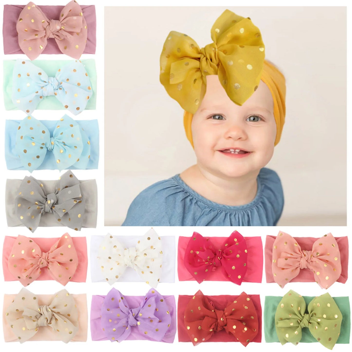 Polka-dot large bow baby headband – soft stretch turban hair accessory for infant girls