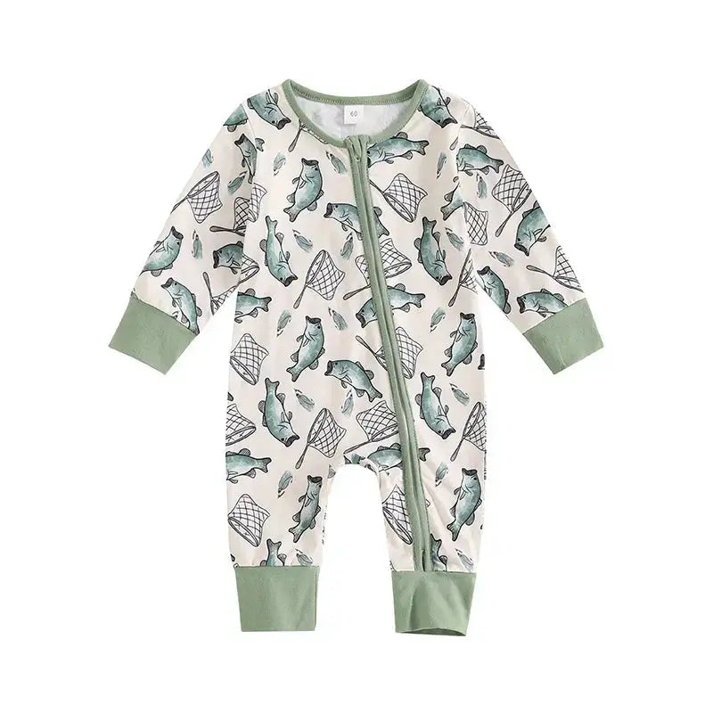 Baby Boys Autumn Casual Romper Long Sleeve Crew Neck Fish Print Oblique Zipper Jumpsuit Dsers
