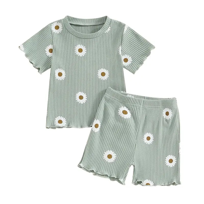 Cute Toddler Baby Girl Summer Outfit – Ruffle Ribbed Knit Top & Shorts Set Baby Bumpity Boo
