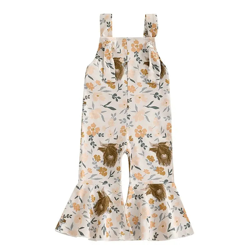 Baby girl cowgirl romper with cow-print bell-bottom overalls and adjustable suspenders – toddler Western outfit