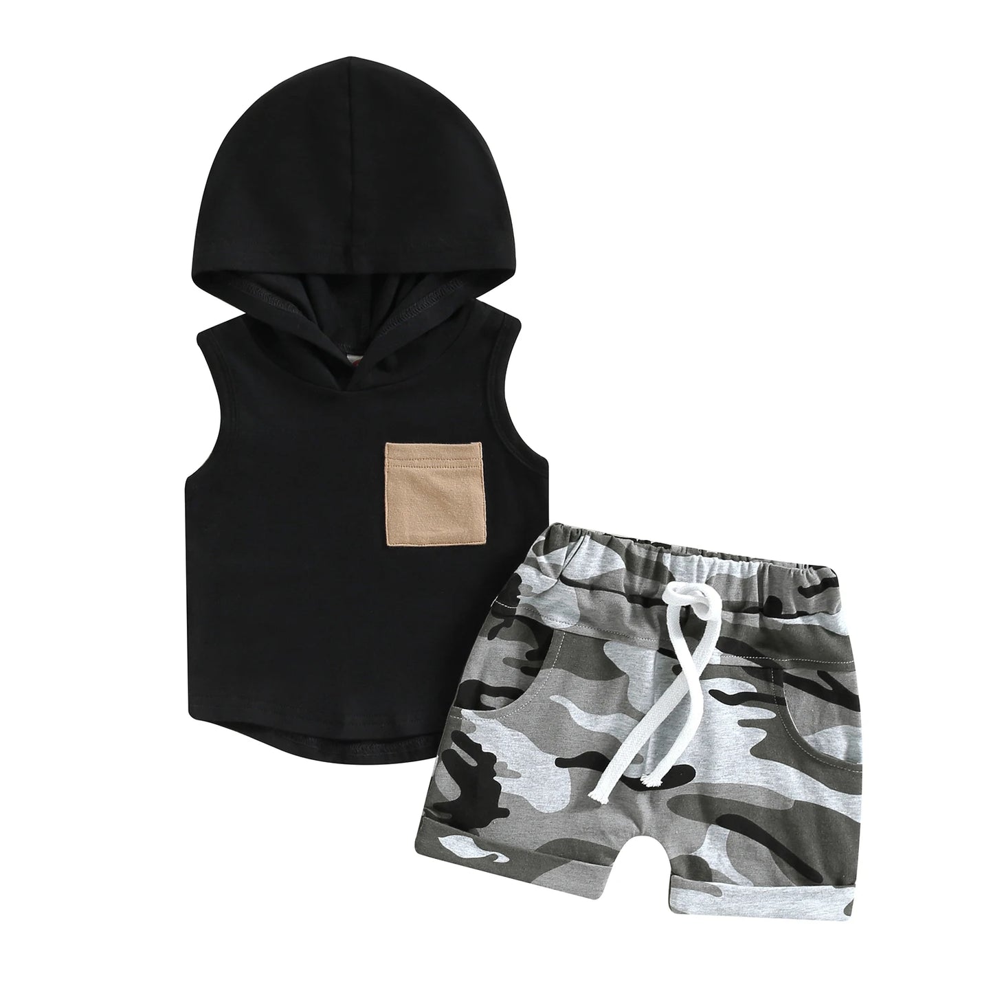 Infant Newborn Baby Boy Summer Clothes Outfits Pocket Hooded Sleeveless Tank Tops Camouflage Elastic Waist Shorts 2Pcs Suit 0-3T