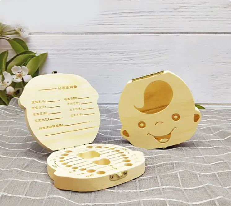 Wooden baby tooth memory box with labeled slots for each tooth, perfect fairy tooth box keepsake for children