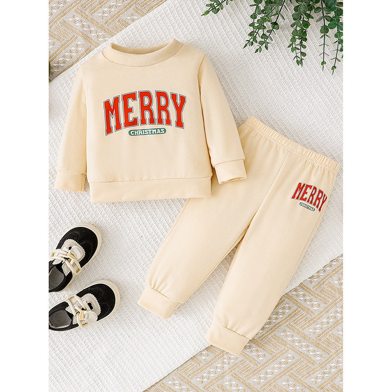 2Pcs Christmas Outfits MERRY Christmas Letter Print Round Neck Long Sleeve Sweatshirt & Pants Set