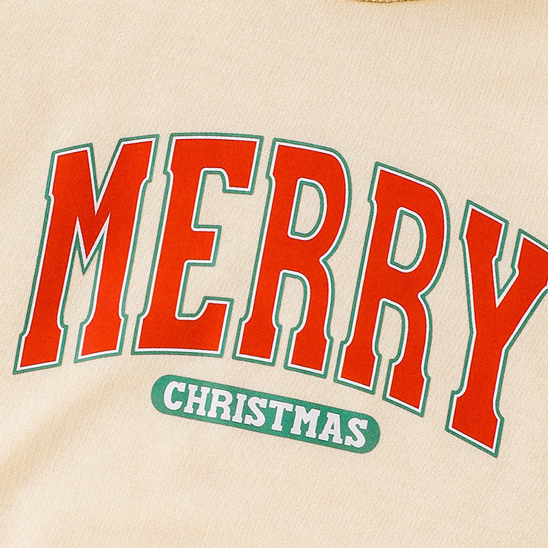 2Pcs Christmas Outfits MERRY Christmas Letter Print Round Neck Long Sleeve Sweatshirt & Pants Set