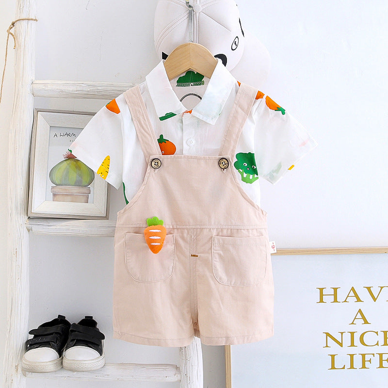 Child wearing summer cartoon overalls with T‑shirt – soft cotton two‑piece suit for toddlers