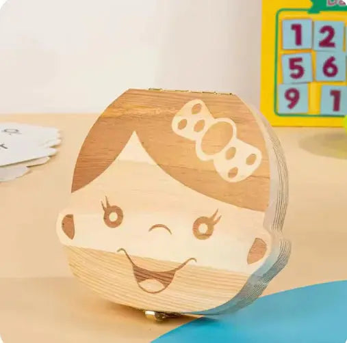 Wooden baby tooth memory box with labeled slots for each tooth, perfect fairy tooth box keepsake for children
