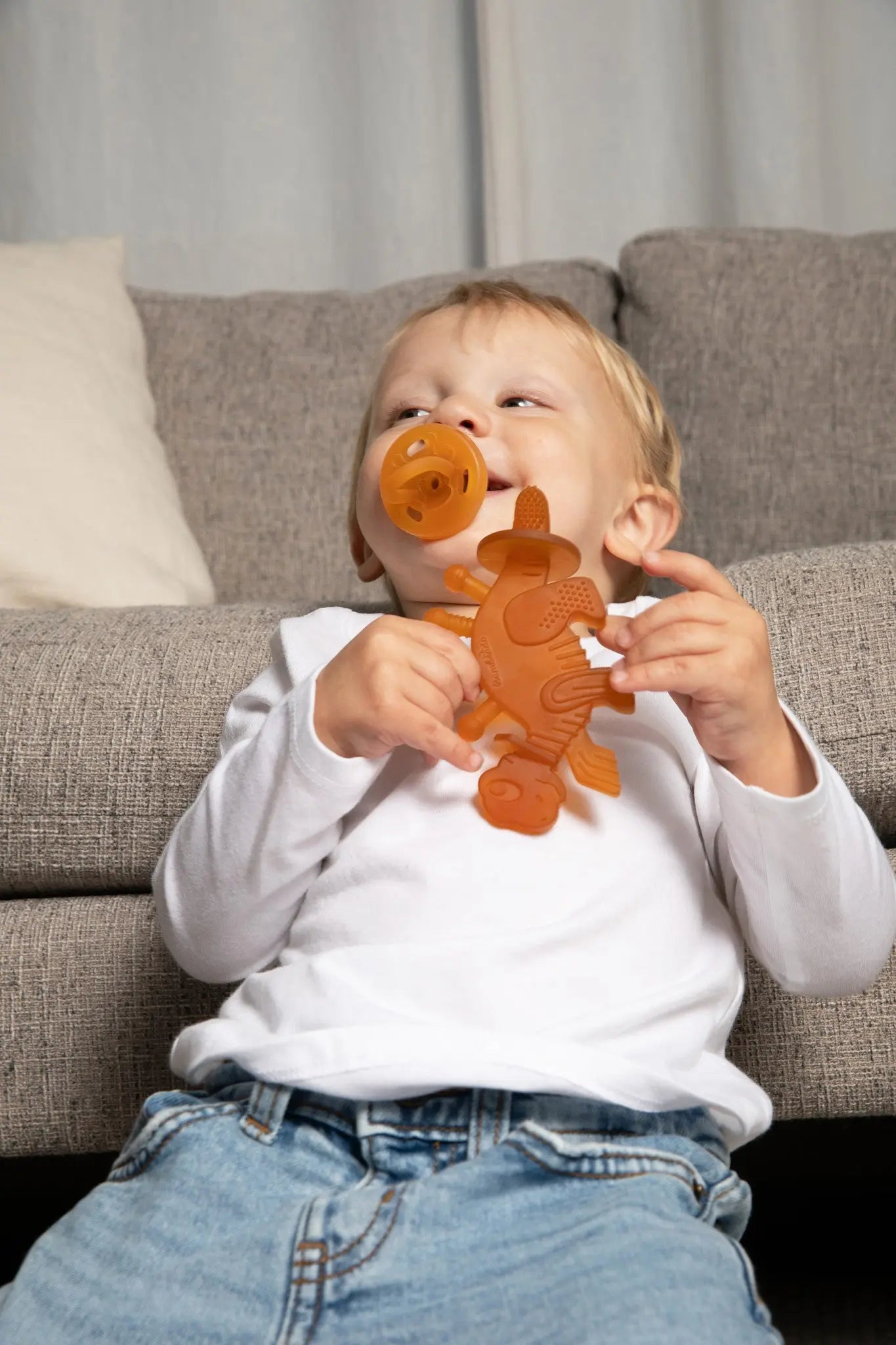 Dibly Baltic Amber & Natural Rubber Dinosaur Teether with Toothbrush Tail