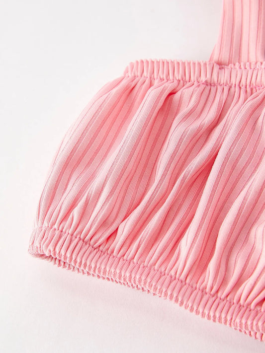 Stylish Comfort for Your Little One: The Spring Summer Pink Pleated Suspender Vest and Floral Bloomers Set - Baby Bumpity Boo