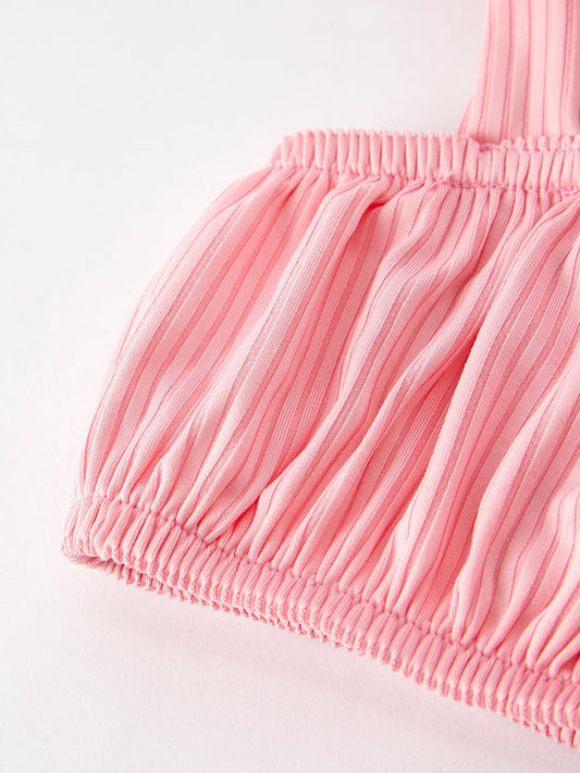 Stylish Comfort for Your Little One: The Spring Summer Pink Pleated Suspender Vest and Floral Bloomers Set