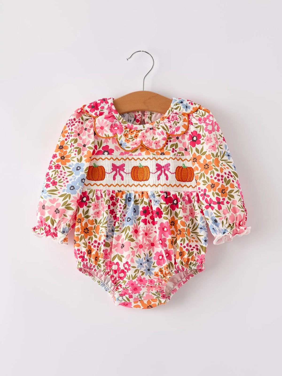 Fall Halloween & Thanksgiving Pumpkin Bow Smock Embroidered Floral Baby Girl Romper Rylee Faith Designs