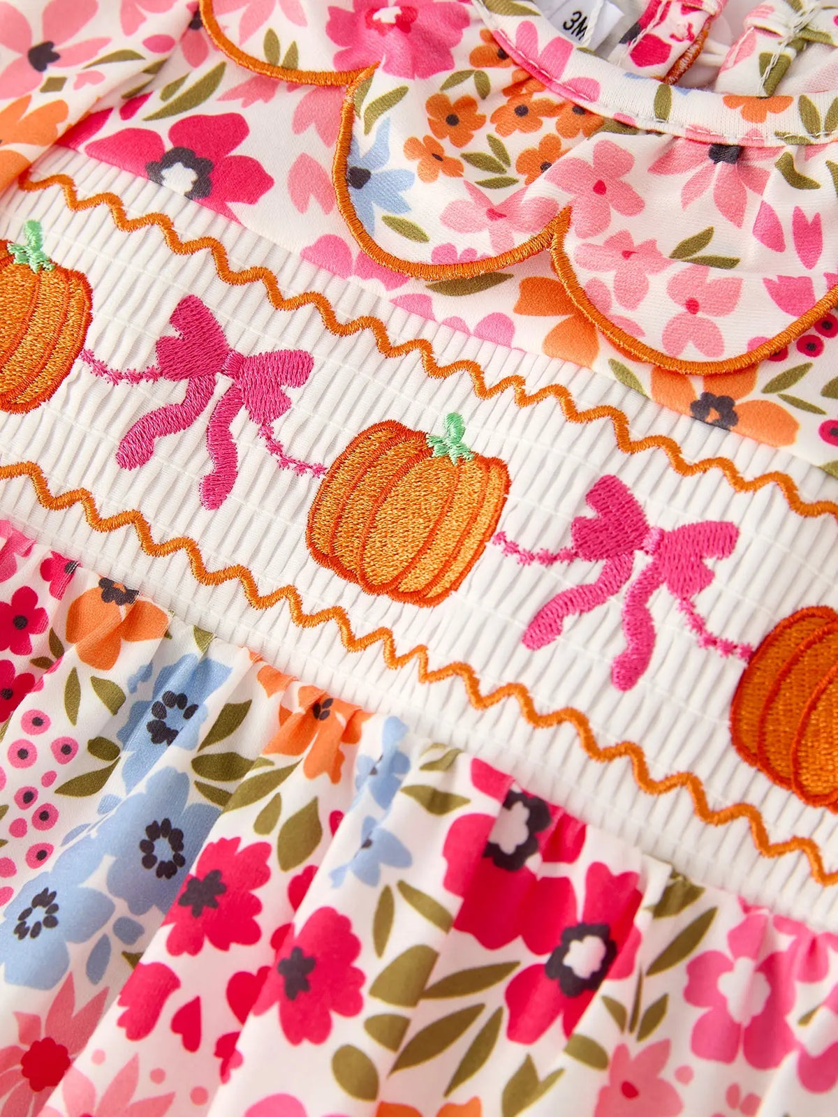 Fall Halloween & Thanksgiving Pumpkin Bow Smock Embroidered Floral Baby Girl Romper Rylee Faith Designs