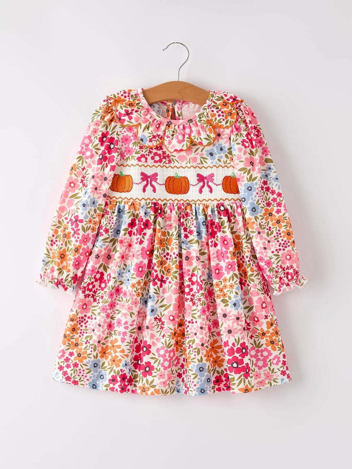 Fall Halloween & Thanksgiving Pumpkin Bow Smock Embroidered Floral Dress Rylee Faith Designs