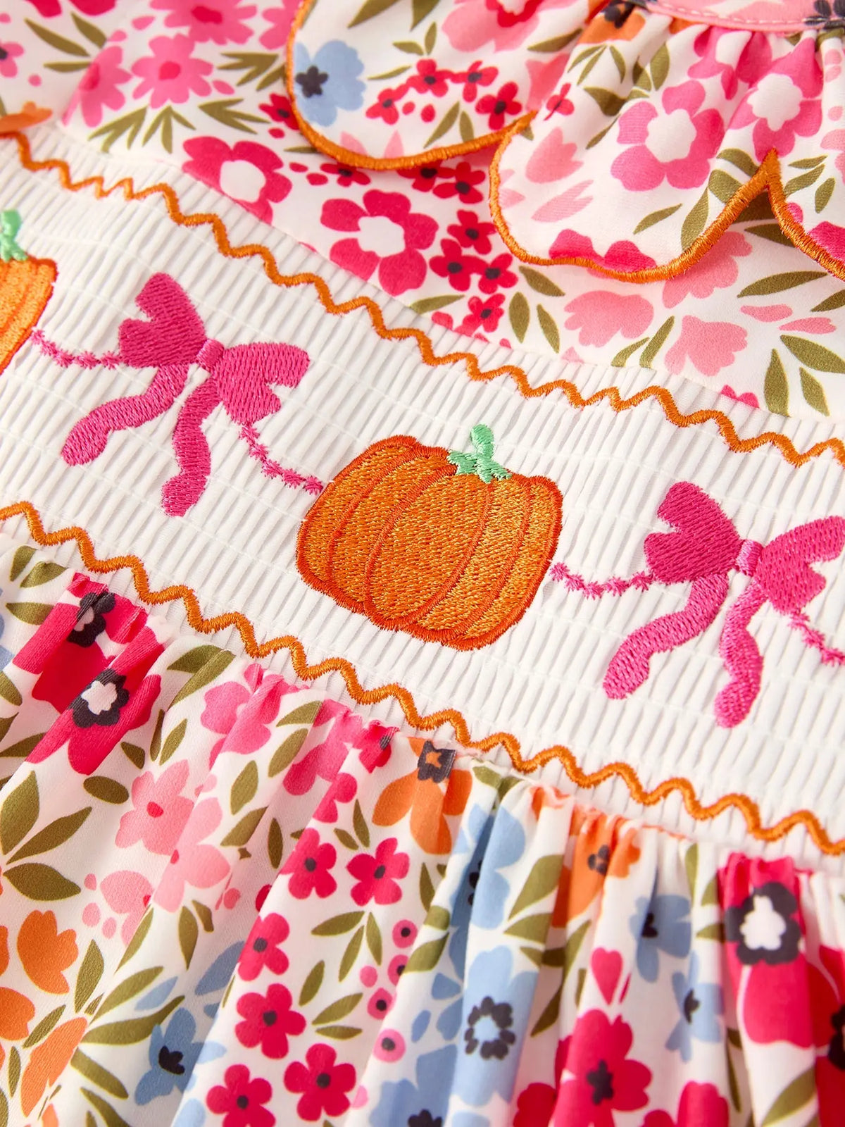 Fall Halloween & Thanksgiving Pumpkin Bow Smock Embroidered Floral Dress Rylee Faith Designs