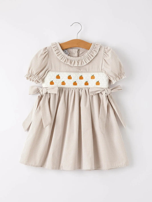 Fall Halloween & Thanksgiving Pumpkin Embroidery Smock Plaid Girls Dress Rylee Faith Designs