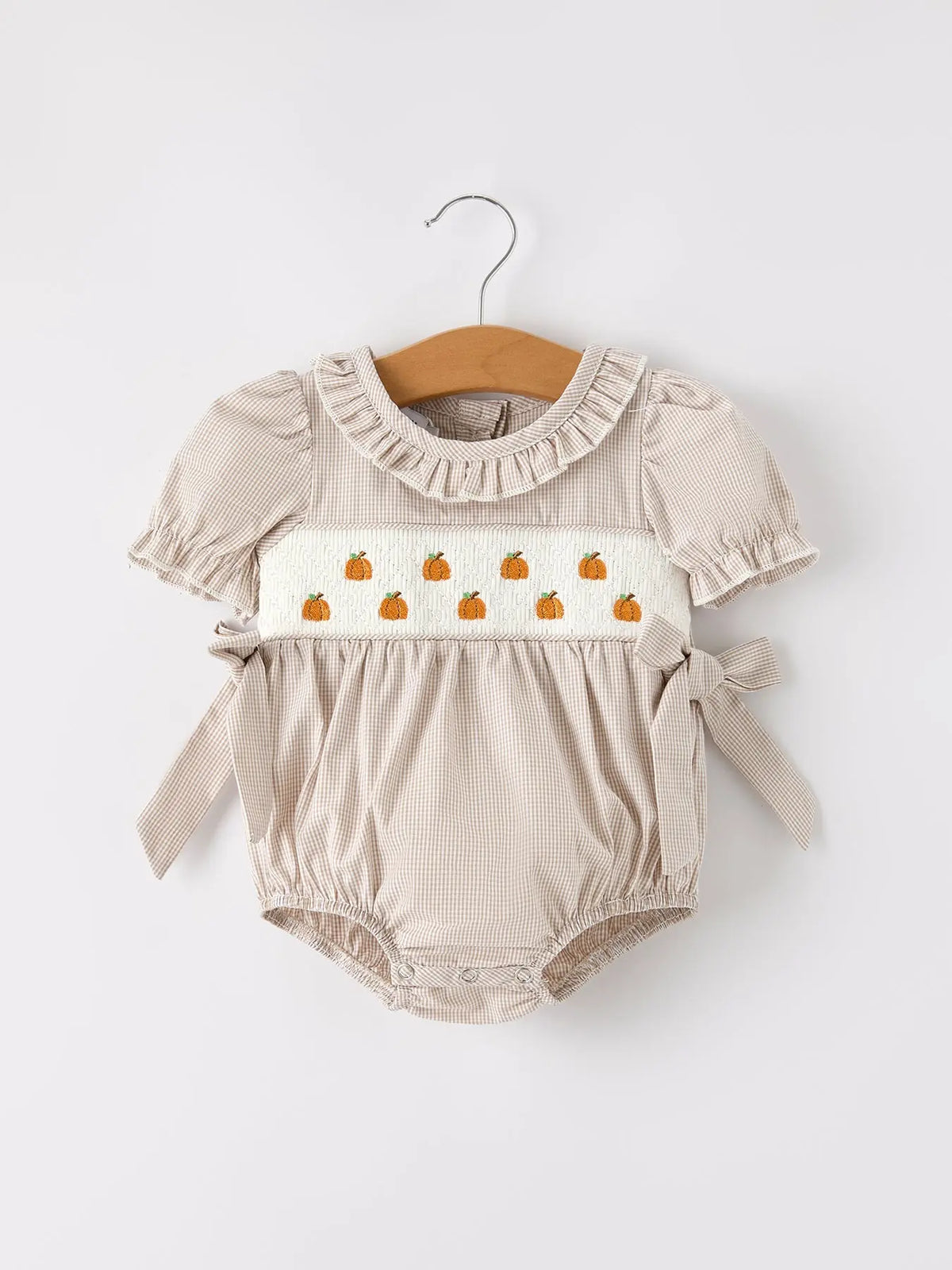 Fall Halloween & Thanksgiving Pumpkin Embroidery Smock Plaid Baby Girl Romper Rylee Faith Designs
