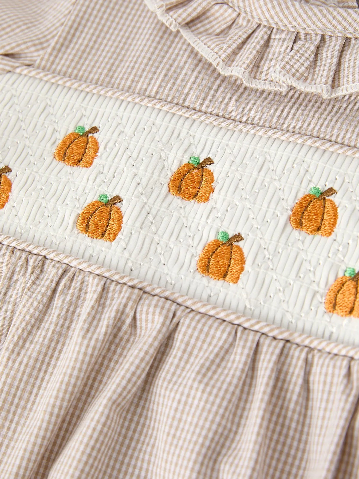 Fall Halloween & Thanksgiving Pumpkin Embroidery Smock Plaid Baby Girl Romper Rylee Faith Designs