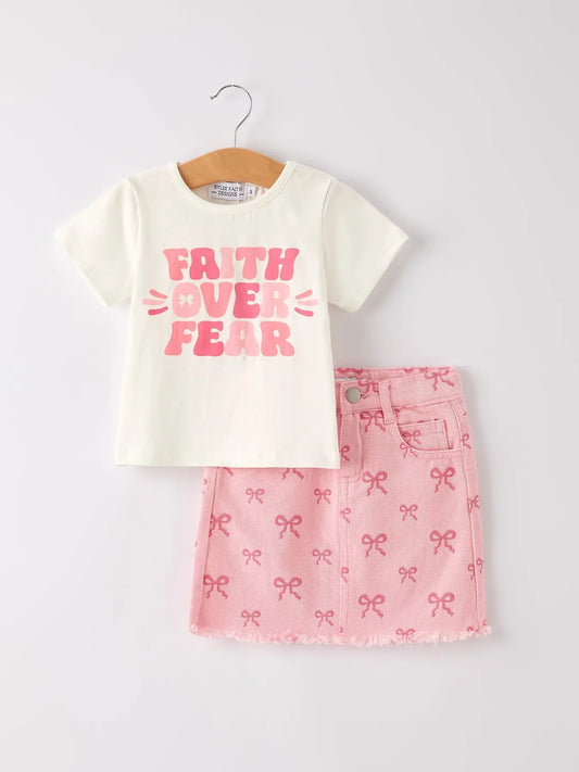 Girls Set Letter T-shirt + Pink Bow Printed Denim Skirt Rylee Faith Designs