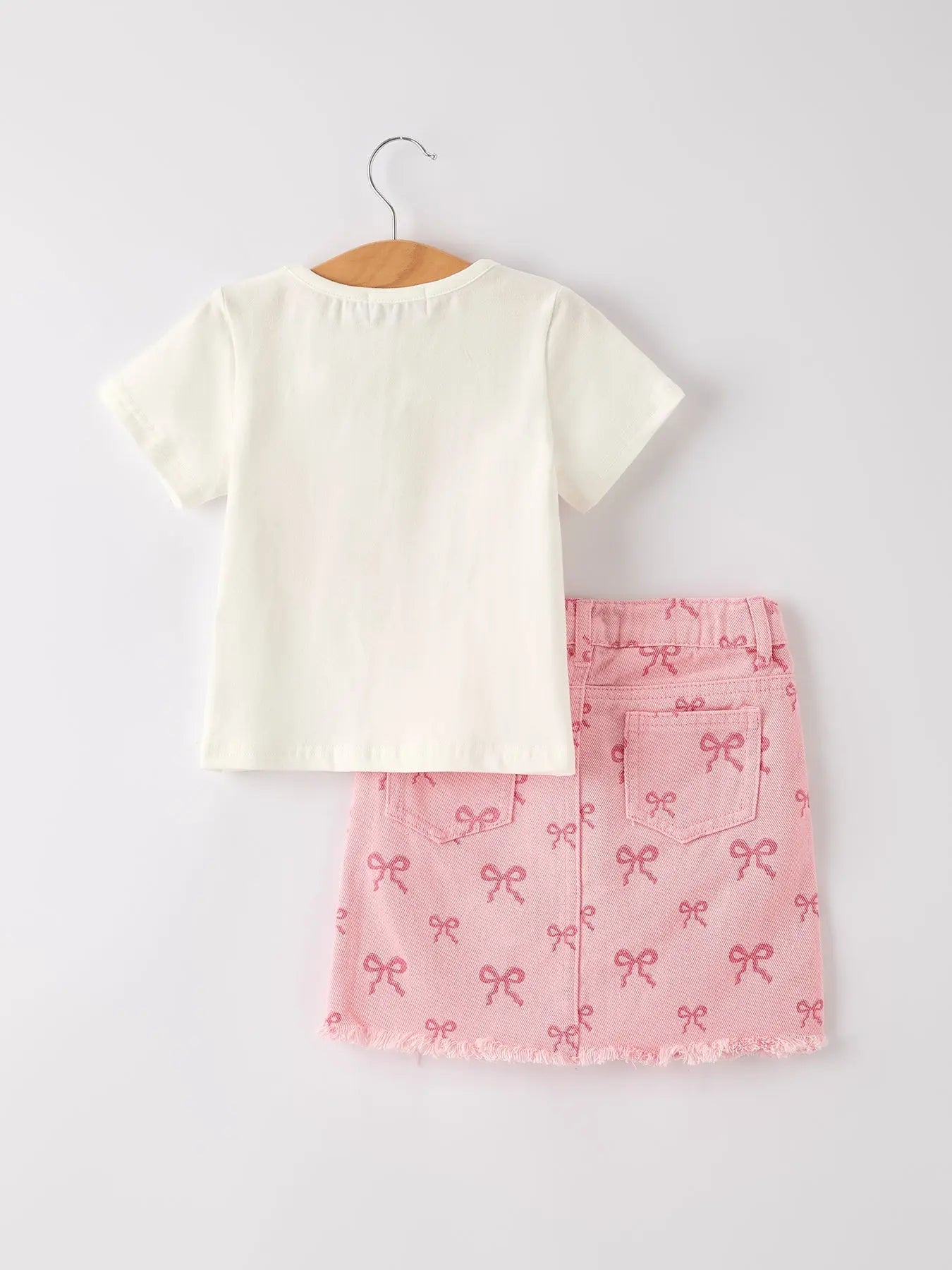 Girls Set Letter T-shirt + Pink Bow Printed Denim Skirt Rylee Faith Designs