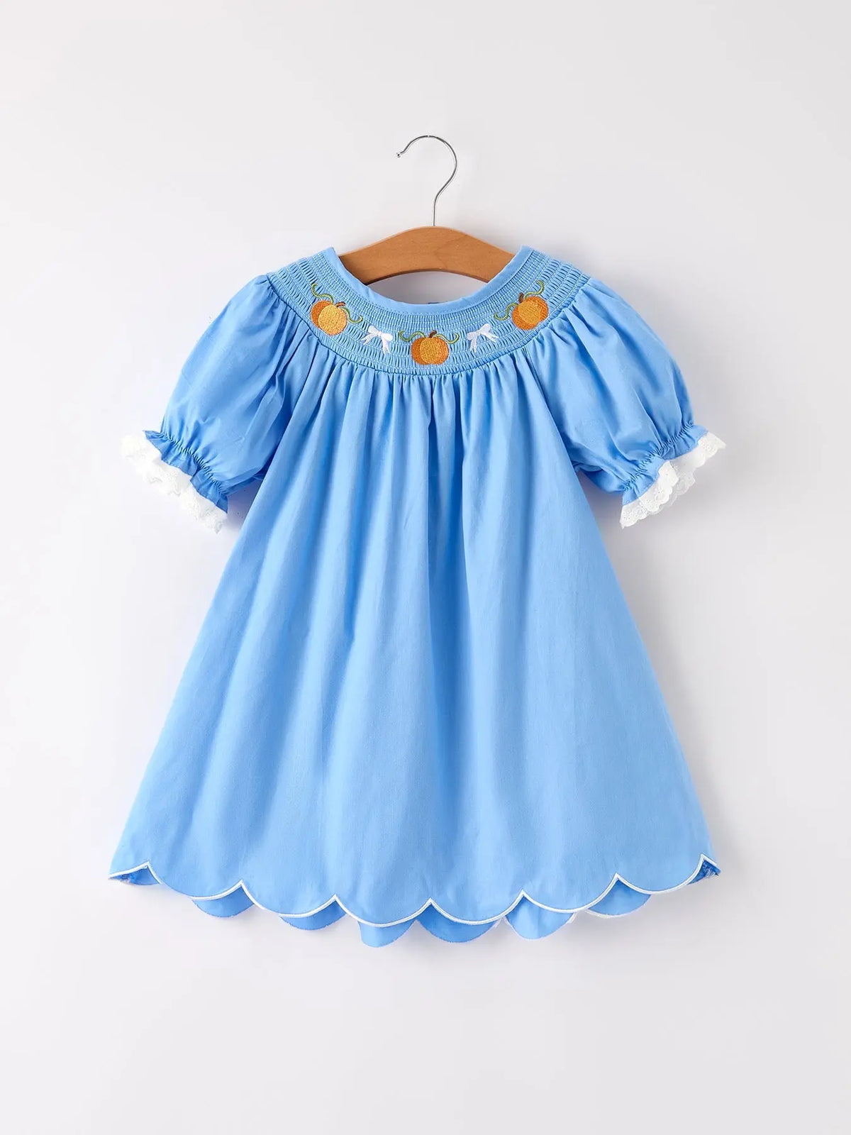 Blue Fall Thanksgiving&Halloween Pumpkin Smock Embroidery Lace Baby Girl Dress Rylee Faith Designs