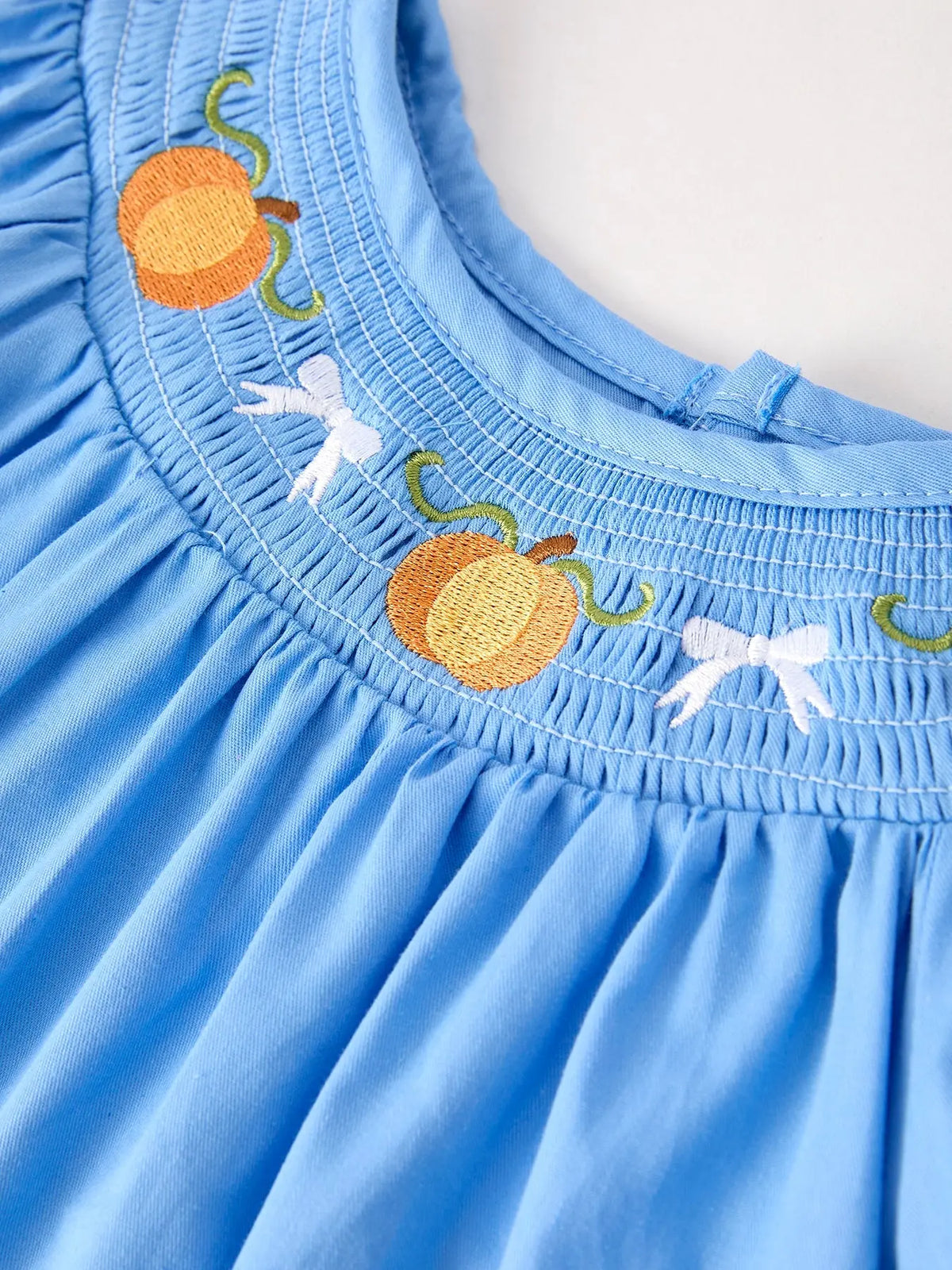 Blue Fall Thanksgiving&Halloween Pumpkin Smock Embroidery Lace Baby Girl Dress Rylee Faith Designs