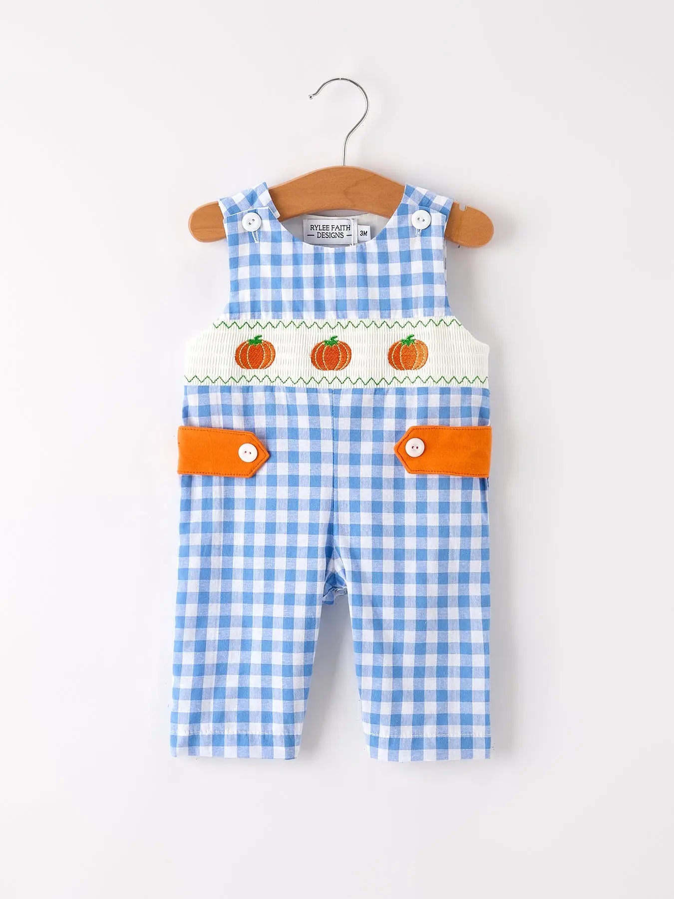Fall Thanksgiving& Halloween Blue Pumpkin Smock Embroidery Baby Boy Romper Rylee Faith Designs