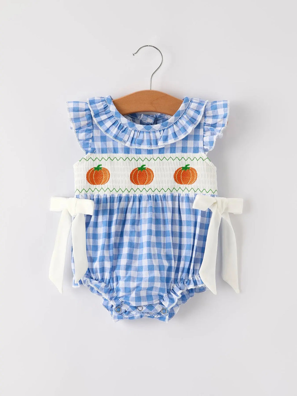 Fall Thanksgiving& Halloween Blue Pumpkin Smock Embroidery Baby Girl Romper Rylee Faith Designs