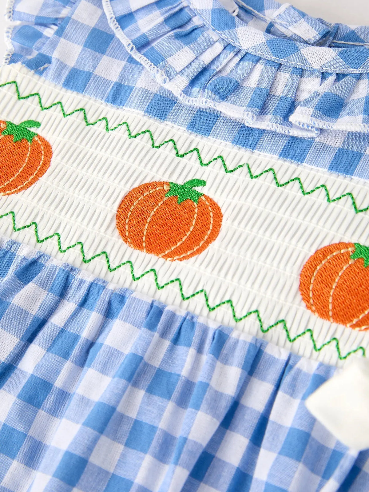 Fall Thanksgiving& Halloween Blue Pumpkin Smock Embroidery Baby Girl Romper Rylee Faith Designs