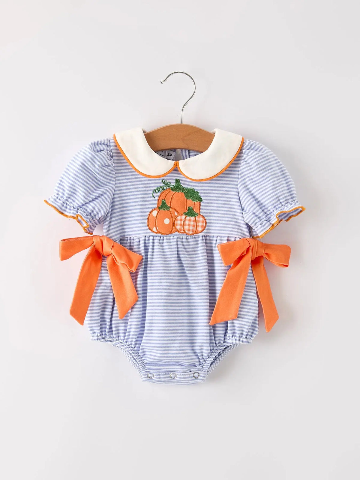 Fall Thanksgiving and Halloween Lapel Stripe Pumpkin Applique Bow Girls Romper Rylee Faith Designs