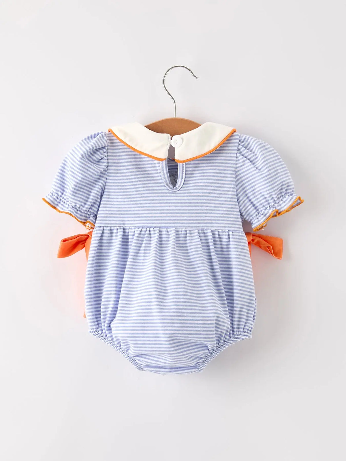 Fall Thanksgiving and Halloween Lapel Stripe Pumpkin Applique Bow Girls Romper Rylee Faith Designs