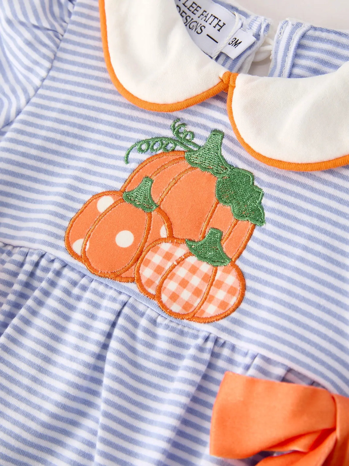 Fall Thanksgiving and Halloween Lapel Stripe Pumpkin Applique Bow Girls Romper Rylee Faith Designs