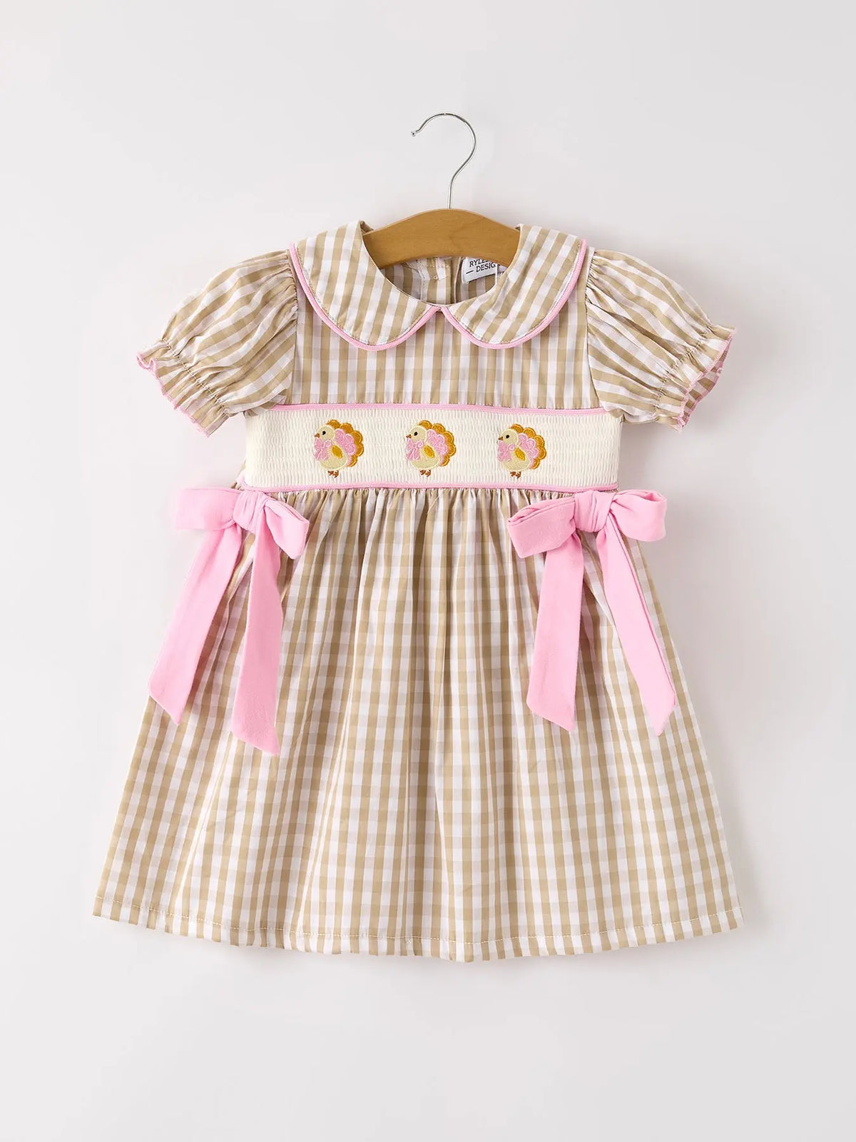 Fall Thanksgiving Lapel Plaid Chick Embroidery Smocking Bow Baby Girls Dress Rylee Faith Designs