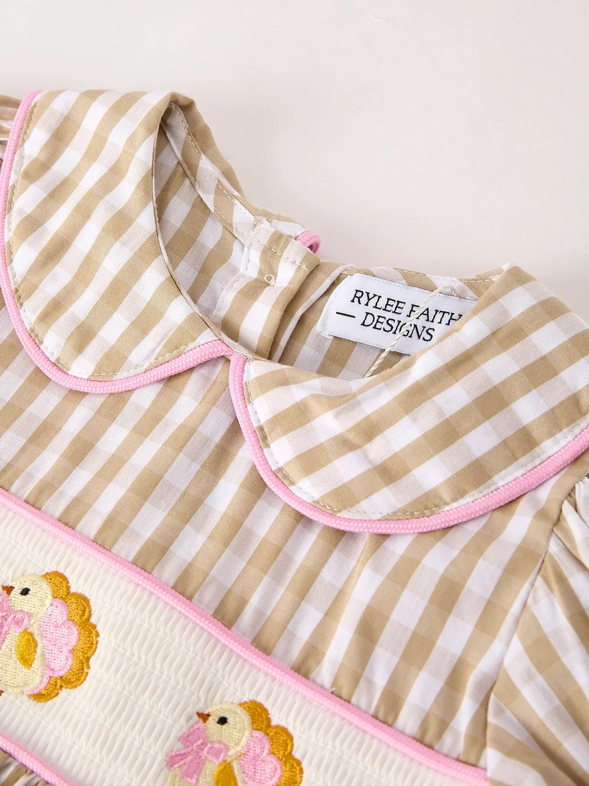 Fall Thanksgiving Lapel Plaid Chick Embroidery Smocking Bow Baby Girls Dress Rylee Faith Designs
