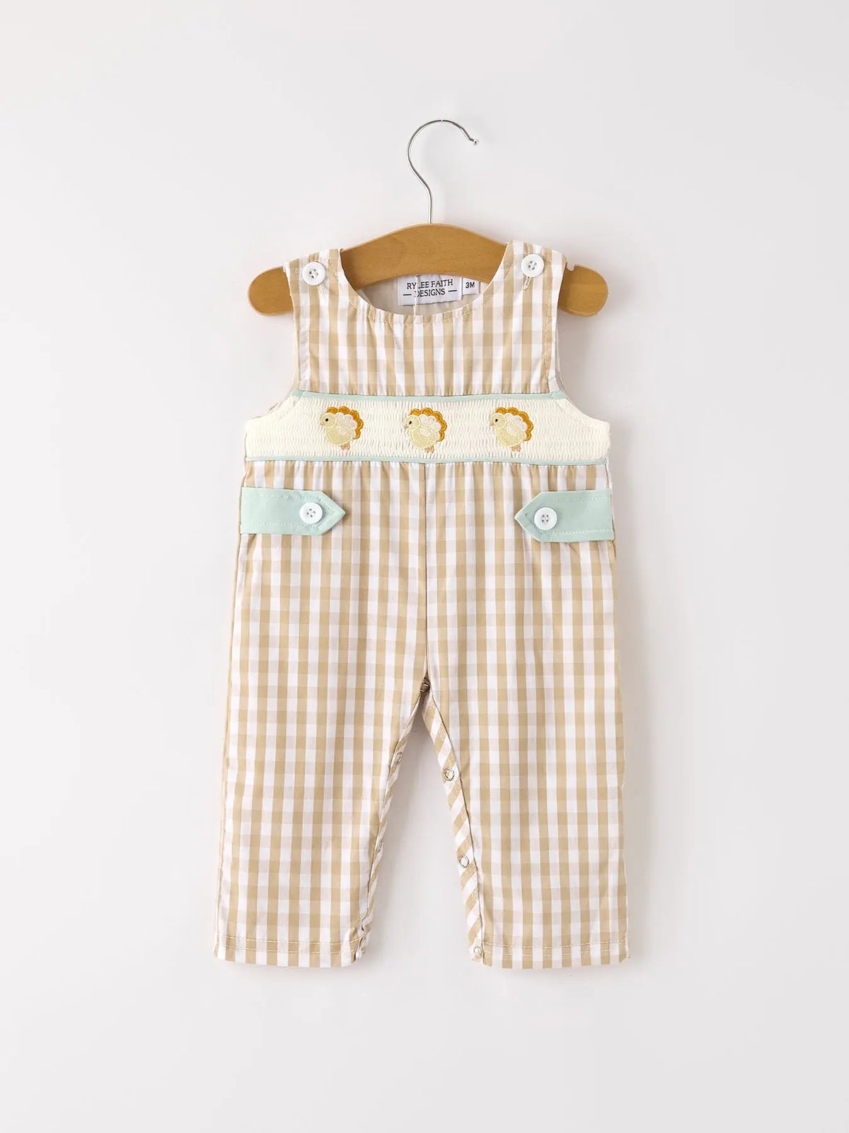Fall Thanksgiving Apricot Plaid Chick Embroidery Smocking Baby Boys Romper