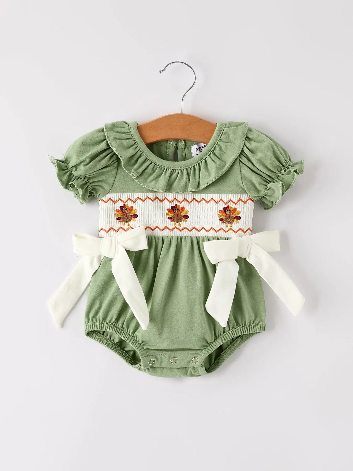 Fall Thanksgiving Chicken Smock Embroidered Green  Baby Girl Romper Rylee Faith Designs