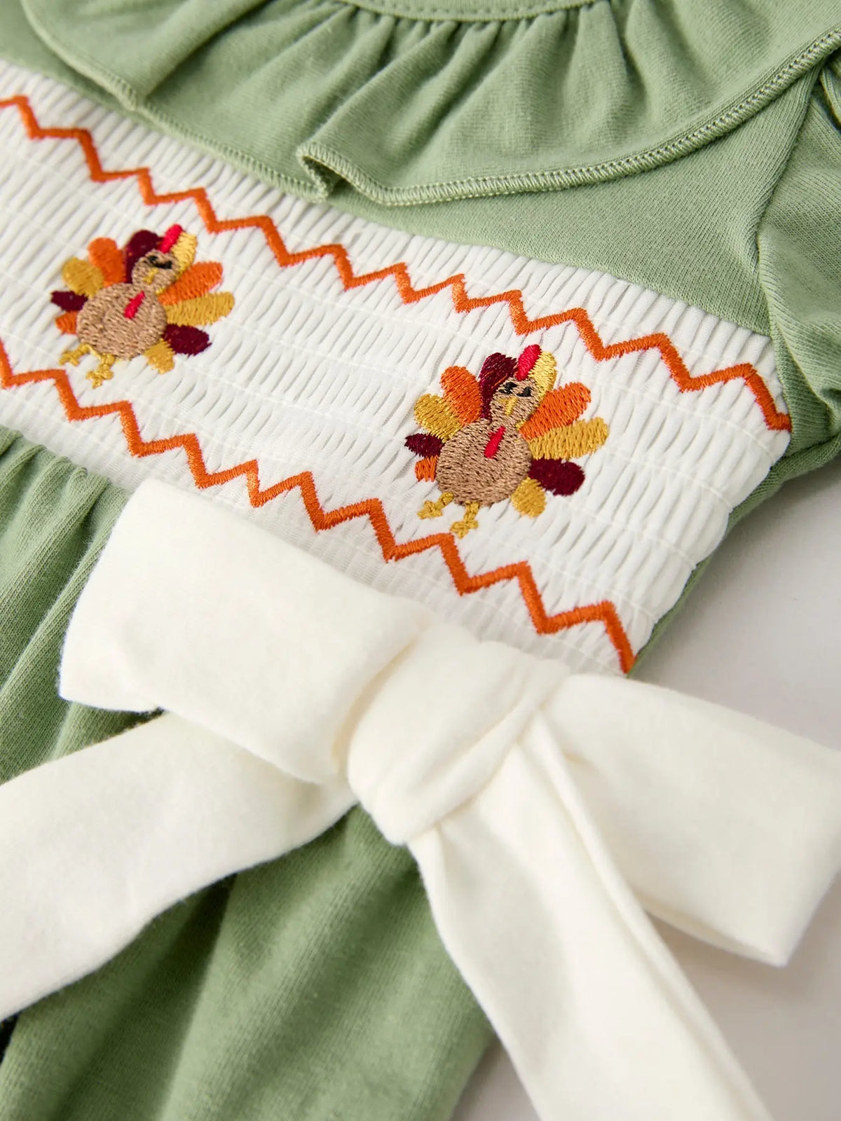 Fall Thanksgiving Chicken Smock Embroidered Green  Baby Girl Romper Rylee Faith Designs