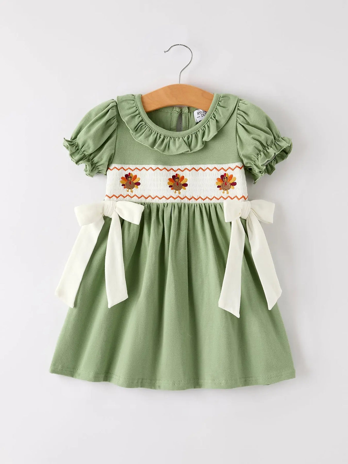 Fall Thanksgiving Chicken Smock Embroidered Green  Baby Girl Dress Rylee Faith Designs