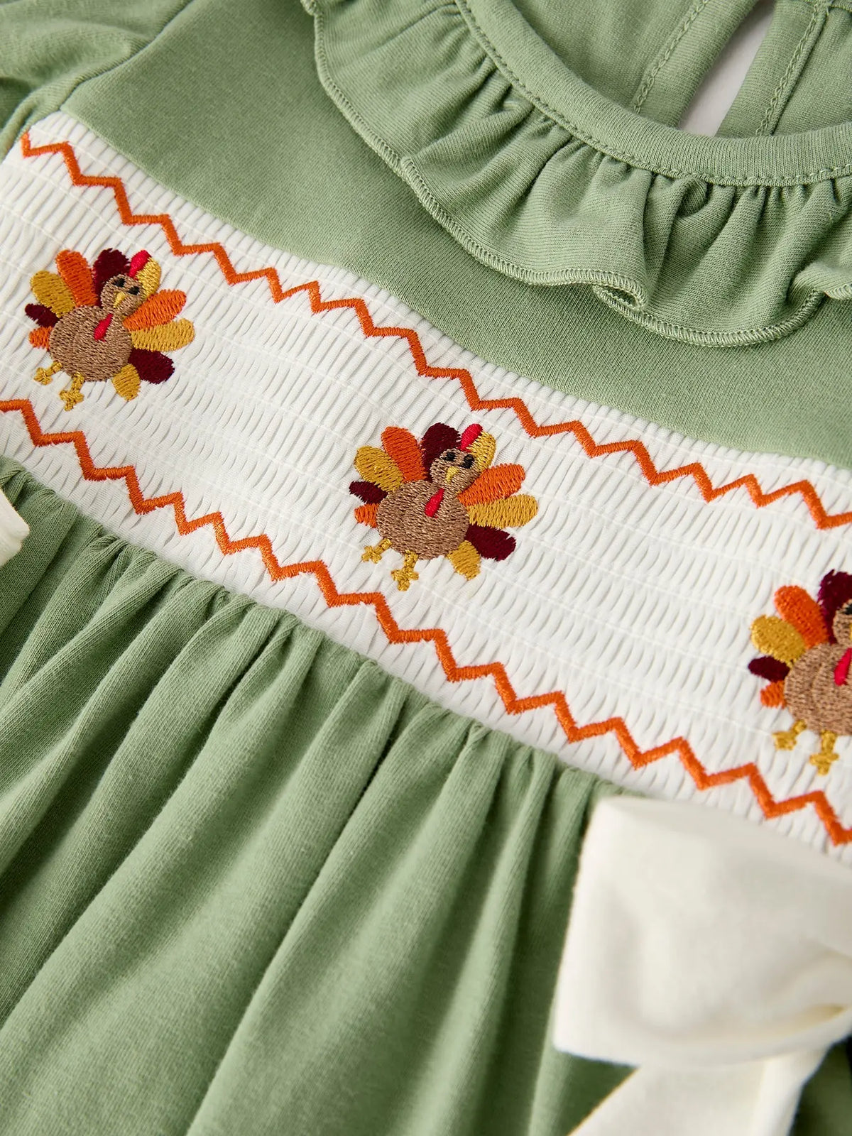 Fall Thanksgiving Chicken Smock Embroidered Green  Baby Girl Dress Rylee Faith Designs